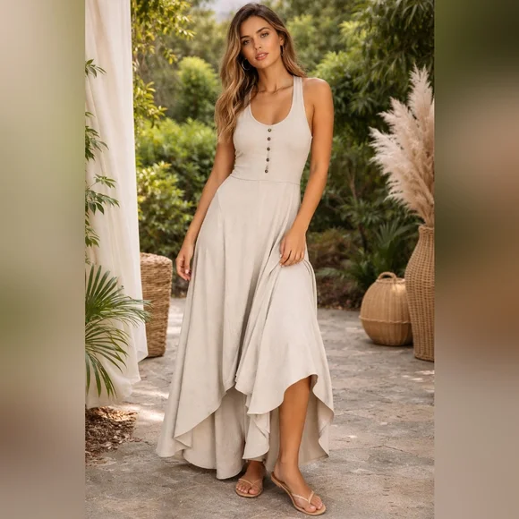 NWT.Free People Stylish Tan Maxi Dress Hi And Lo.sizeL - Picture 1 of 7